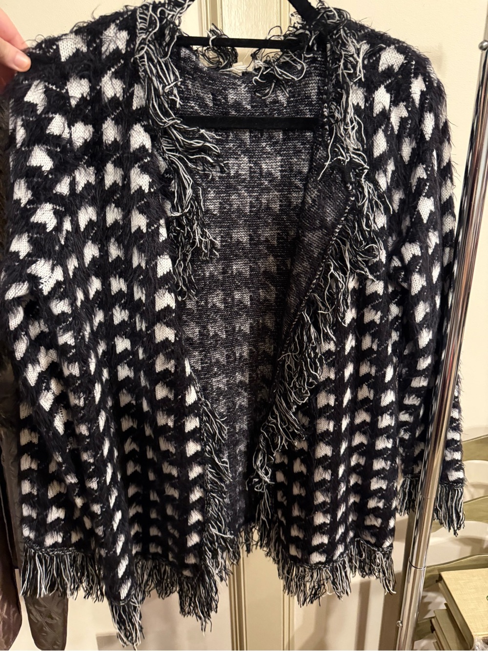 Sioni Black and White Fringe Open Cardigan jacket
